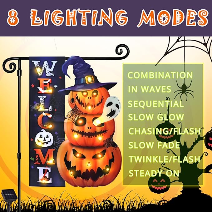 Halloween Lighted Garden Flag, Solar Yard Flag for Outside, 8 Modes Double Sided Welcome Halloween Pumpkin Outdoor Decorations for Home Porch (Pumpkin-12x18)