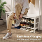 Coat Rack with Shoe Storage, Wooden Hall Tree with Bench, 11 Hooks and 2-Tier Storage Shelves, 3-in-1, Entryway Bench with Coat Rack (39.3"-Deep White)