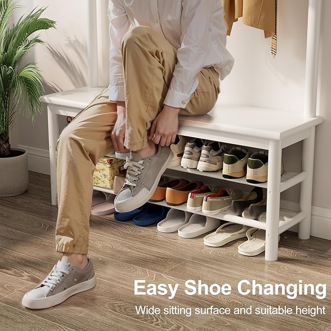 Coat Rack with Shoe Storage, Wooden Hall Tree with Bench, 11 Hooks and 2-Tier Storage Shelves, 3-in-1, Entryway Bench with Coat Rack (39.3"-Deep White)