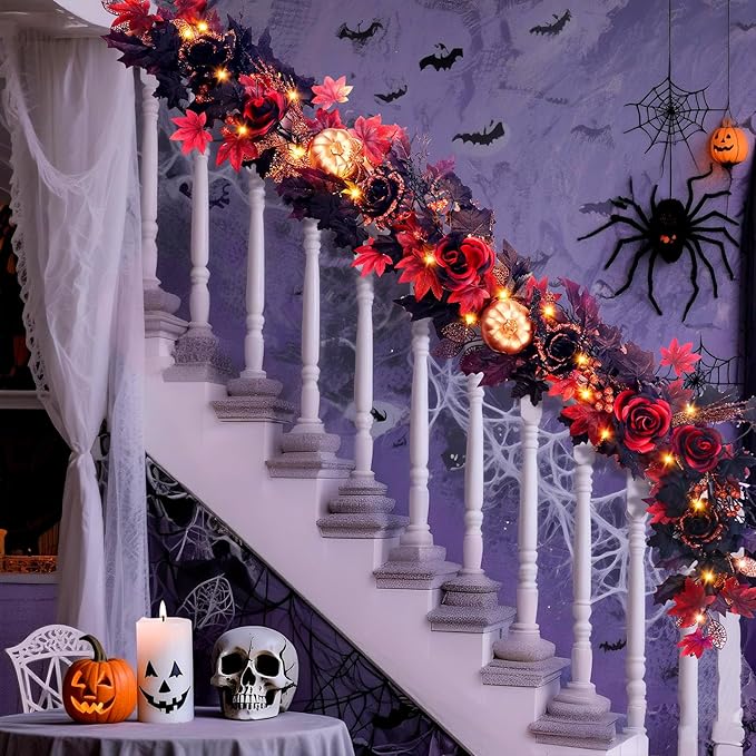 SHareconn 9FT Halloween Garland with Purple Lights Battery Operated and Timer, Pre-Lit Black Red Maple Leaves Lighted Garland Decorations for Fireplace Mantle Centerpiece Indoor Outdoor Decor, 9 FT