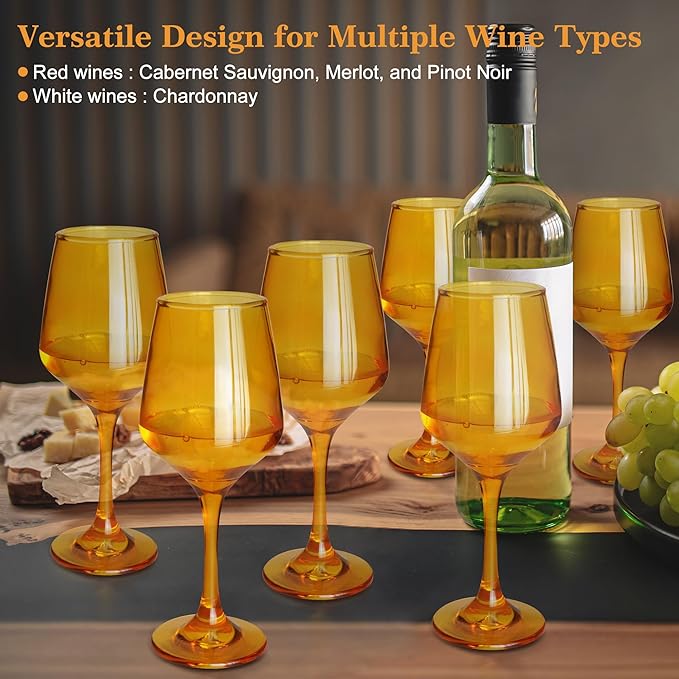 Amber Wine Glasses Set of 6-12oz Amber Long Stem Wine Glass Cups, Pretty Crystal Glassware, Hand Blown Goblets Drinkware, Unique Drinking Stemware Holiday Gift Set