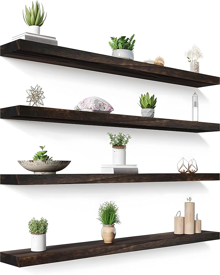 48 Inch Floating Shelves for Wall Rustic Brown Wood Wall Shelves for Bedroom Set of 4