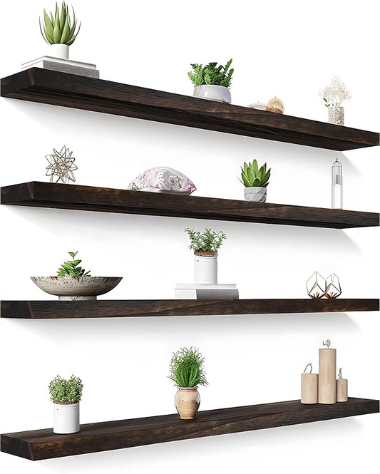 48 Inch Floating Shelves for Wall Rustic Brown Wood Wall Shelves for Bedroom Set of 4