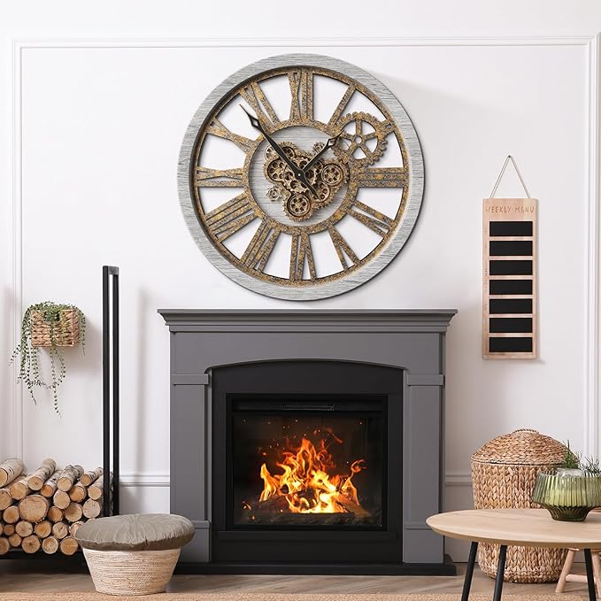 The B-Style Large Wall Clock 24 inch Moving Gear Wall Clock Oversized Vintage Farmhouse Wall Clocks for Living Room Decor Rustic Industrial Wood Clock (Silver Gray, 36 inch/90cm)