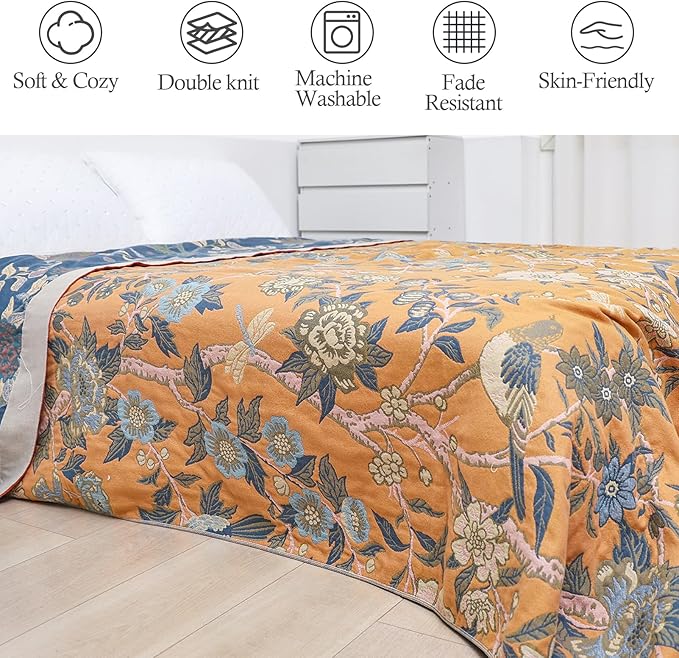 Snycler Boho Throw Blanket for Bed - 100% Cotton Ultra Soft Rustic Quilt Blanket Orange Bird Floral Printed Farmhouse Decor Bed Blankets, 80"×90" All Season Rustic Throw for Sofa Couch Chair