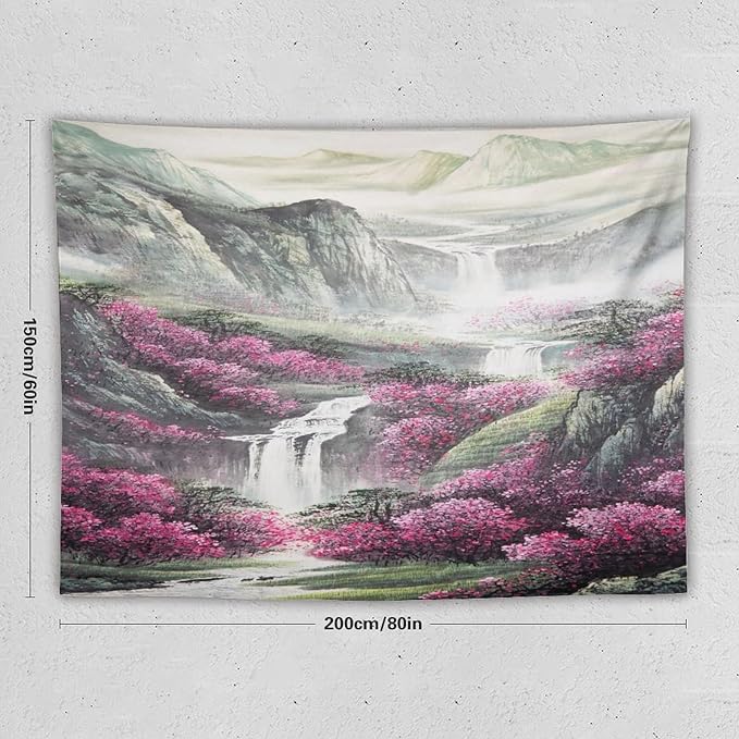 Japanese Tapestry, Red Plum Blossom Mountain Tapestry, Asian Japanese Wall Tapestry, Nature Landscape Tapestries for Bedroom Living Room Decor 80"x60"