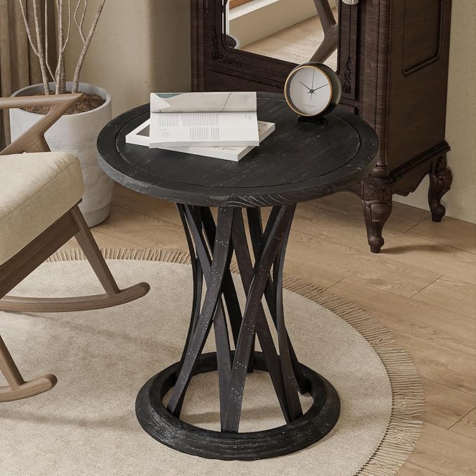 Round Farmhouse End Table with Crisscross Pedestal Base, Distressed Finish Side Table Rustic Accent Table for Living Room, Pine Wood, Black