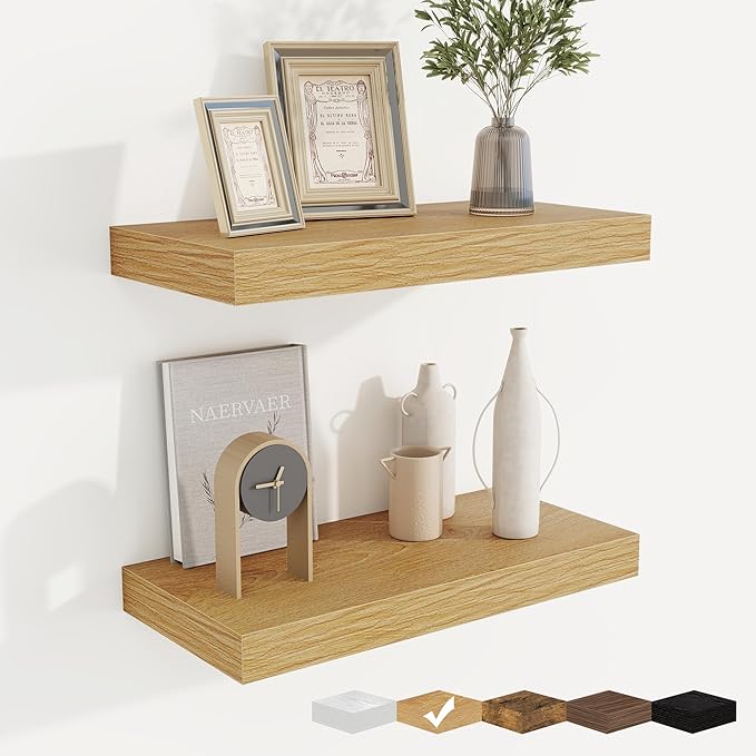 fuqing Floating Shelves for Wall, Bathroom Shelf Wall Mounted for Storage, Shelves with Invisible Bracket for Bedroom, Kitchen, Living Room, Farmhouse Small Book Shelf, 16 Inch Set of 2, Oak