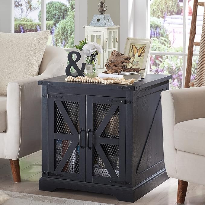 JXQTLINGMU Farmhouse End Table, 24" Large Sofa Side Table with Charging Station, Mesh Barn Door, and Adjustable Storage Shelf, Rustic Wood Square Nightstand for Living Room, Bedroom, Office, Black