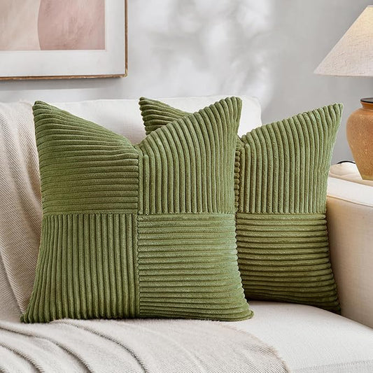 Fancy Homi 2 Packs Moss Green Euro Decorative Throw Pillow Covers 28x28 Inch for Bedroom Couch Bed, Farmhouse Boho Home Decor, Soft Corss Corduroy Patchwork Textured Square Cushion Case 71x71 cm