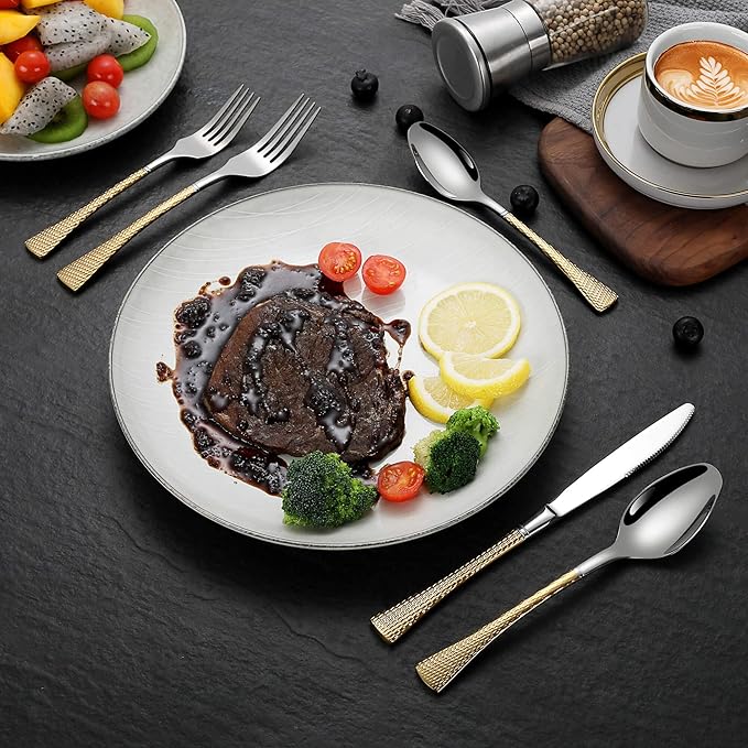 Hammered Silver Gold Silverware Set for 8,Stainless Steel 40-Piece Modern Cutlery Set,Mirror Polished Heavy Duty Flatware Set Utensil Set,Knives Spoons and Forks Set,Dishwasher Safe