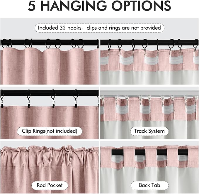 MIULEE 100% Blackout Curtains 120 Inch Long 2 Panels for Bedroom, Thick Luxury Faux Linen Black Out Curtain Room Darkening Back Tab Pleat Window Textured Drapes with Hooks for Living Room, Baby Pink