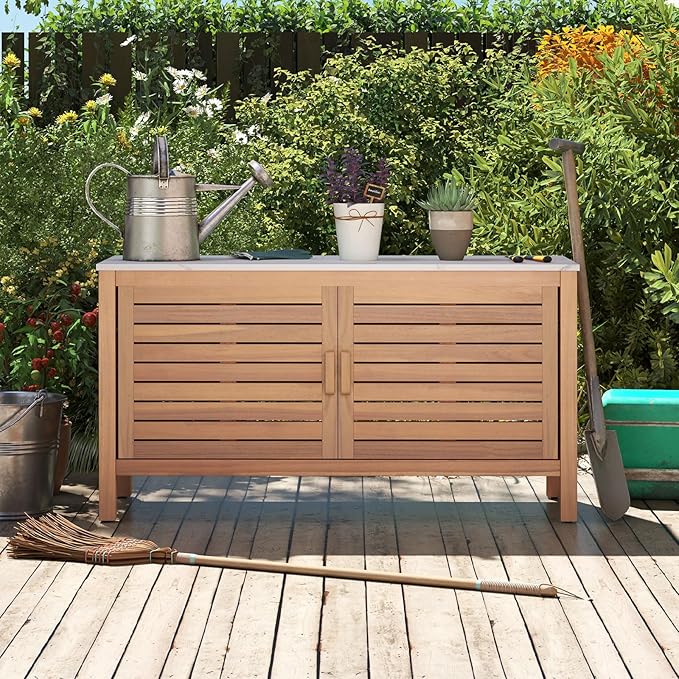 Goplus Patio Storage Cabinet, 2-Door Acacia Wood Storage Container with Faux Marble Top, Outdoor Wooden Sideboard for Deck, Garden, Lawn and Backyard