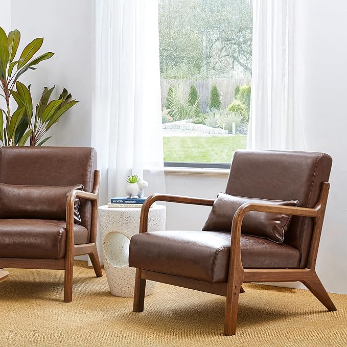 Glitzhome 30.75 "H Mid Century Coffee Accent Armchair, Single Reading Armchair PU Leather Lounge Chair with Walnut Ruberwood Frame