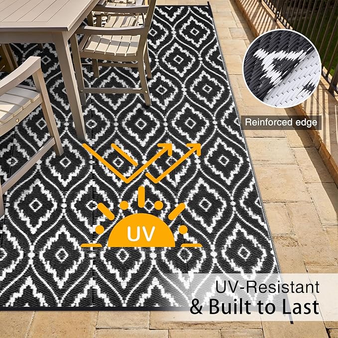 OLANLY Outdoor Rug 6x9 ft Waterproof, Outdoor Plastic Straw Rug with Geometric Pattern Clearance, Reversible RV Mat for Patio, Camping, Balcony, Deck, Backyard, Black & White