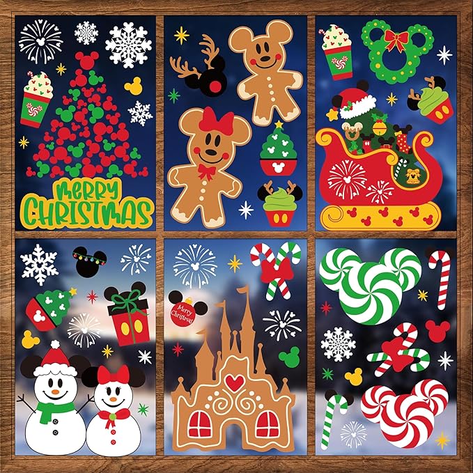 Christmas Window Clings Decorations - Cute Funny Double-Sided Static Stickers for Glass Windows and Doors, Perfect Decorations, with Castle Pattern, Reusable 9 Sheets