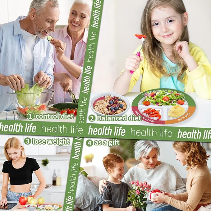 4 Pcs Portion Control Plates & Bowls Set (9 Inch), Self-Measuring for Weight Loss, Gastric Bypass, LapBand, Diabetes, & Healthy Diets, Divided Nutrition Plates for Adults & Children