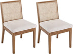 VESCASA Upholstered Dining Chairs with Square Rattan Back, Armless Padded Linen Cushion Dining Chairs with Wood Legs for Dining Room, Kitchen, Set of 2, Natural Frame