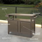 Domi Grill Carts Outdoor Storage Cabinet with Wheels, Metal Outdoor Grill Kitchen Table Dining Cooking Prep BBQ Table for Patio, Kitchen Island, Home Party, Bar (Brown)