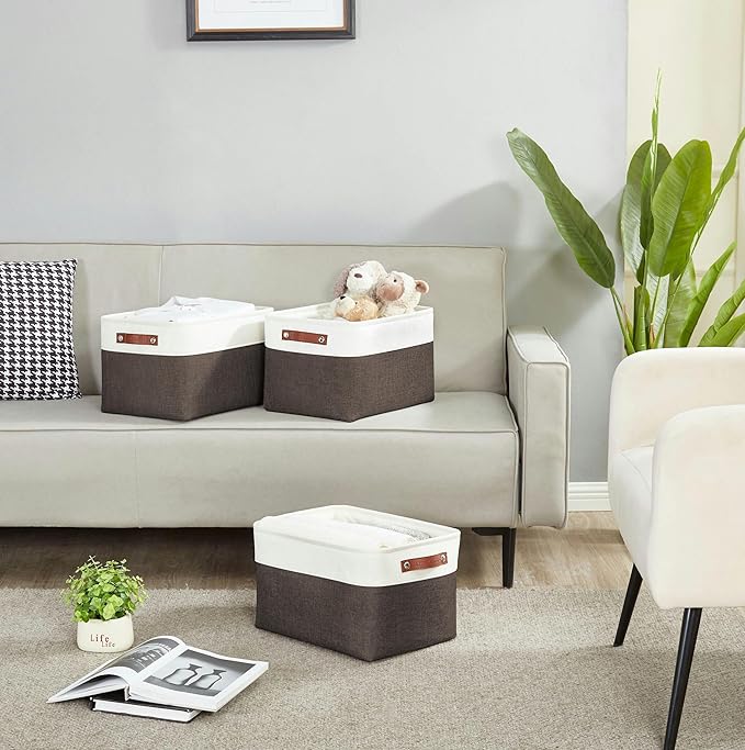DECOMOMO Storage Bins Fabric Storage Baskets for Shelves, Linen Closet Organization Toys Nursery (Brown and White, Large - 4 Pack)
