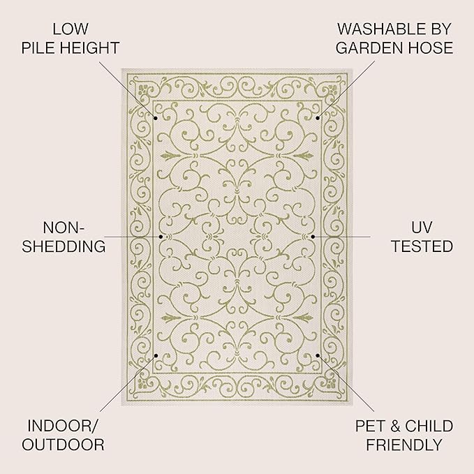 JONATHAN Y Vintage Filigree Indoor Outdoor Area Rug 3X5 Cream/Green, Charleston Textured Weave for Backyard, Patio, Porch, Easy-Cleaning, High Traffic, Pet-Friendly, Non-Shedding (SMB106I-3)