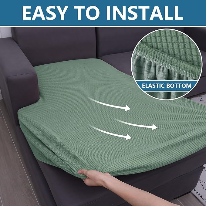 hyha Waterproof Sectional Couch Covers, Non Slip Sofa Couch Cushion Covers L Shape, Thick Stretch Jacquard Fabric, Washable Sofa Slipcovers with Elastic Bottom (1 Piece for Chaise, Green)