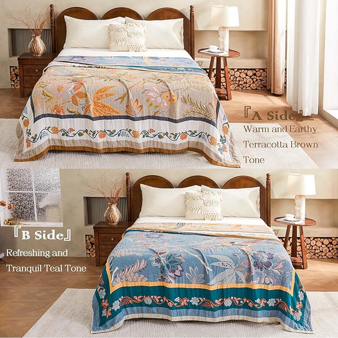 Boho Blanket, 100% Cotton Farmhouse Decorative Throw Blanket, 80"x90" Reversible Bohemian Throw Blanket, Brown All Season Muslin Breathable Woven Blankets Quilt