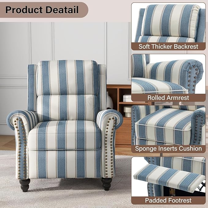 UIXE Pushback Recliner Chair Push Back Accent Chair, Fabric Overstuffed Armchair for Living Room, Rivet Trim Club Chair Home Theater Single Sofa Bedroom Reading Seat - Stripe Navy