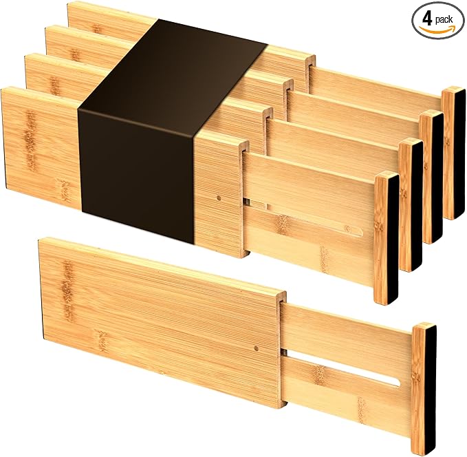 Utoplike Bamboo Dresser Drawer Dividers, 4'' High Adjustable Drawer Organizers for Clothing, Spring Loaded, Works in Kitchen, Bathroom, Bedroom, Drawer, Desk, 4 pcs