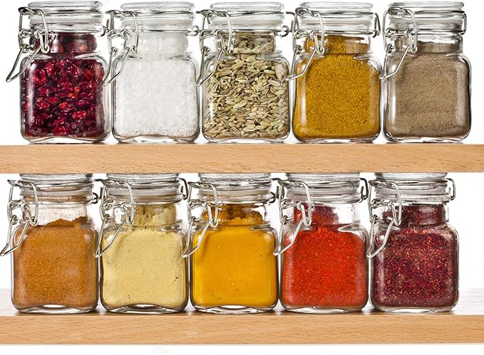 Spice Jars, 24 Pack 4oz Small Glass Jars with Airtight Hinged Lid, With 24 Spice Labels & Silicone Funnels, Airtight Glass Jars for Spices, Condiments Herb Seasoning Art Craft Storage