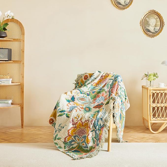 MSGKV Boho Throw Blanket for Bed Twin Size Cotton Muslin Breathable Vine Blanket 60"x80" Sofa Couch Blankets for All Seasons Lightweight Farmhouse Blankets Boho Home Decor