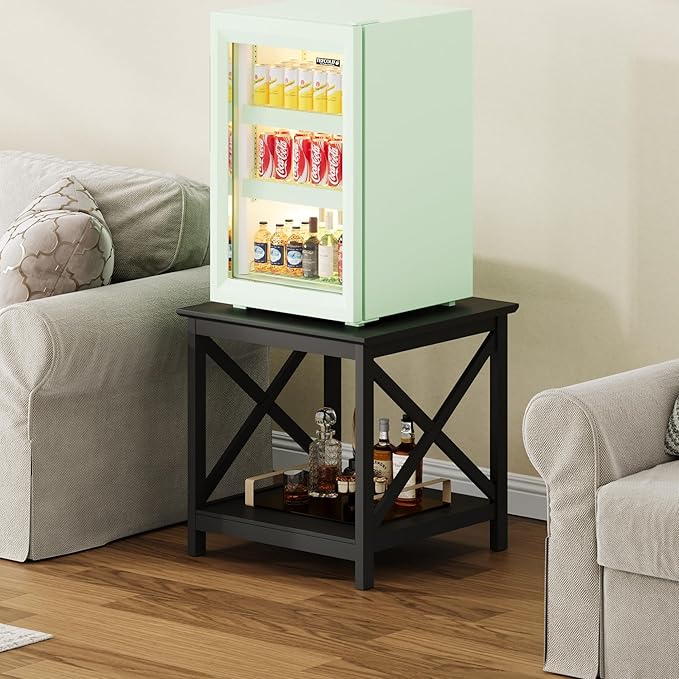 ChooChoo End Table, 24 Inch End Table with 2-Tier Storage Shelf, Side Table for Living Room, Wood Nightstand for Bedroom, Office, Painted Surface, Black
