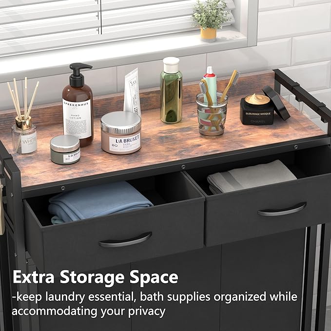 Laundry Hamper Laundry Basket with 3 Section Pull-Out Rolling Bags, Laundry Sorter for Organization and Storage with 2 Pull-Out Drawers for Laundry Room, Bathroom, Bedroom Use (Rustic Brown)