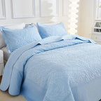 MarCielo 3-Piece 100% Cotton Oversized Bedspread Lightweight Quilt Coverlet Embroidery Farmhouse Bedding Set T0 (Light Blue, Oversized King (118"x106"))