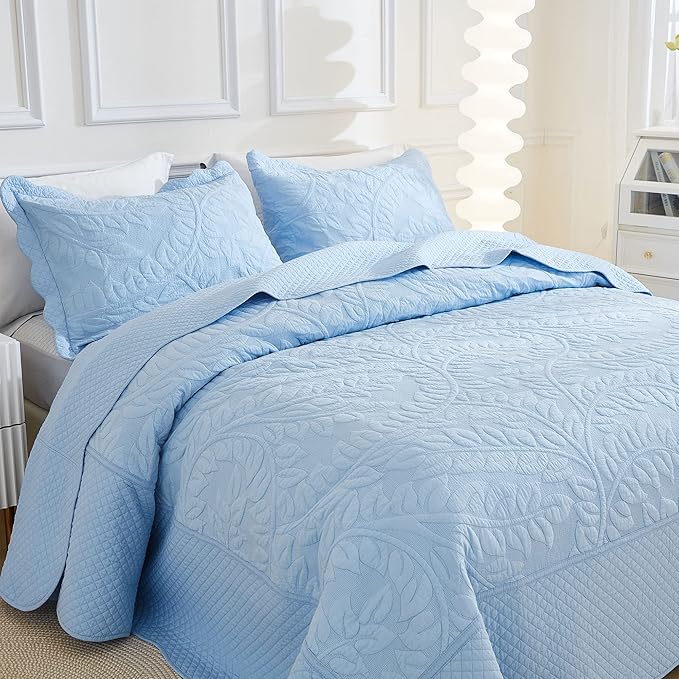 MarCielo 3-Piece 100% Cotton Oversized Bedspread Lightweight Quilt Coverlet Embroidery Farmhouse Bedding Set T0 (Light Blue, Oversized King (118"x106"))