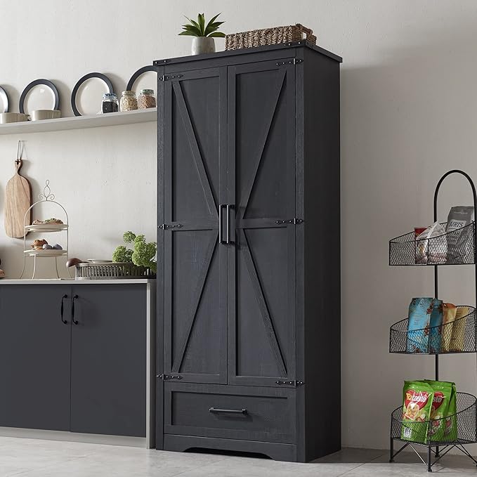 Farmhouse Kitchen Pantry Cabinet - 72" Tall Large Wood Kitchen Storage Cabinets with Adjustable Shelves & 2 Barn Doors & Drawer, Versatile Storage for Dining Room, Bathroom, Living Room, Antique Black