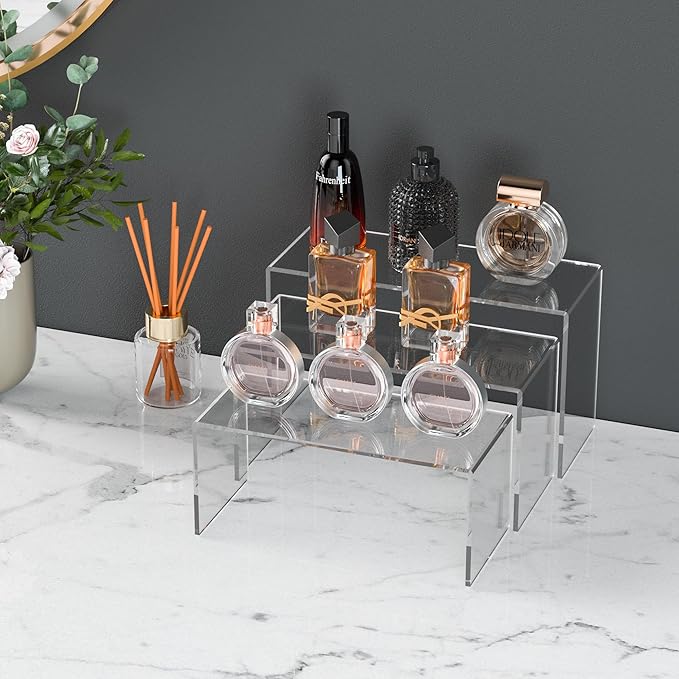 9x9.5x10 Inch Clear Display Risers Shelf 3pcs, Countertop Rectangular Acrylic Display Stands for Funko Pop Figure, Bags, Collectibles