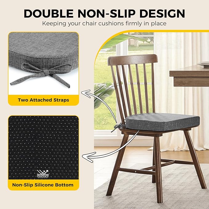downluxe Indoor Chair Cushions for Dining Chairs, Soft and Comfortable Textured Foam Kitchen Chair Pads with Ties and Non-Slip Backing, 16" x 16" x 2", Dark Grey, 6 Pack
