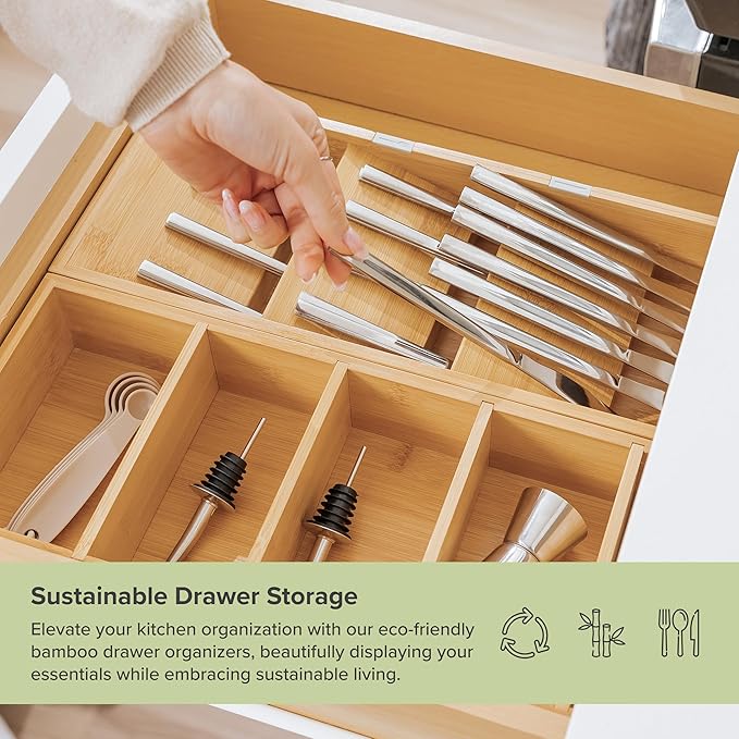 Premium Silverware and Utensil Drawer Organizers – Slanted 3-Compartment and 5-Compartment Design, Labeled Slots, Non-Slip Feet, 100% Sustainable Bamboo, 2 Pack