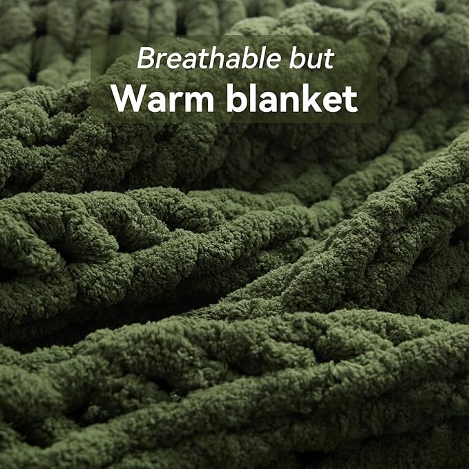 Chunky Knit Throw Blanket, 60''*80'' Knitted Throw Chenille Yarn for Bed Couch, Handmade Green Crochet Big Thick Blanket, Machine Washable Cute Comfy Blanket for Home Decor