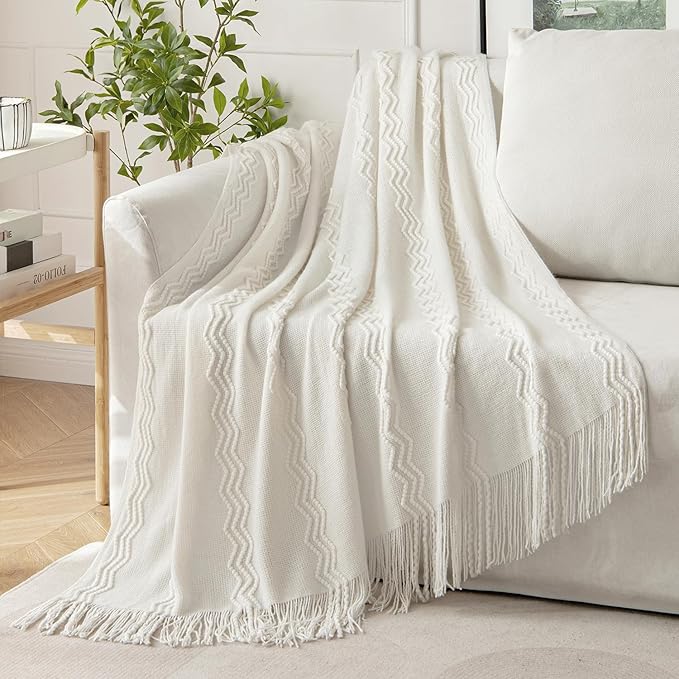 MIULEE Off White Knitted Throw Blanket for Couch Textured Knit Blanket with Tassels Cozy Woven Boho Bed Blanket for Sofa Bed Chair Acrylic Wave Pattern 50"x60"