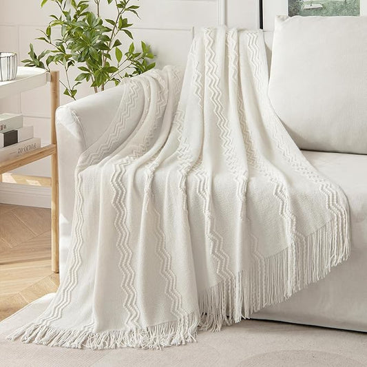 MIULEE Off White Knitted Throw Blanket for Couch Textured Knit Blanket with Tassels Cozy Woven Boho Bed Blanket for Sofa Bed Chair Acrylic Wave Pattern 50"x60"
