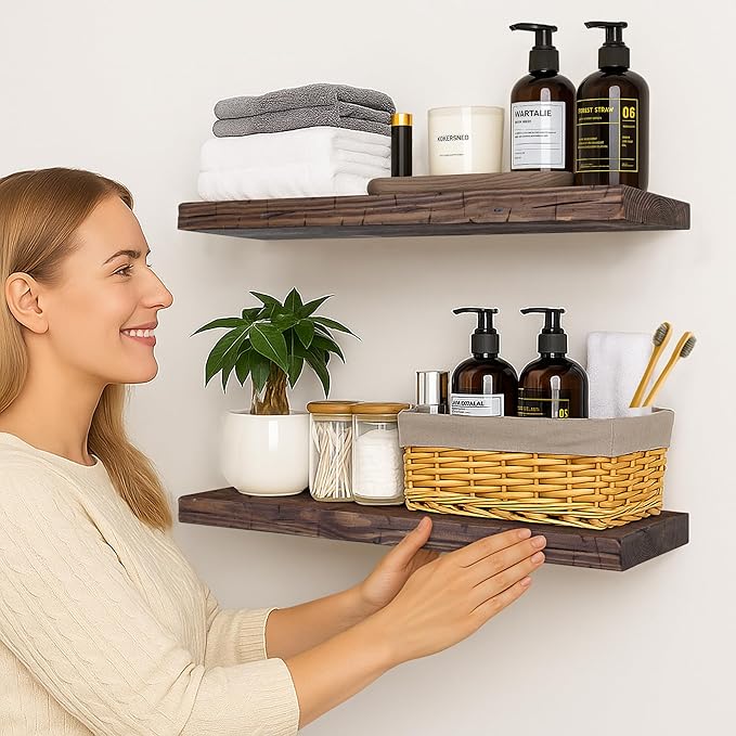 BGMG Floating Shelves 24 inch Long, Distressed,Wide Rustic Wooden Wall Shelves for Bathroom Living Room Bedroom Kitchen Farmhouse Set of 2-24x6.7x1.25 inch-Distressed Walnut