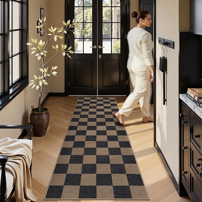 Lahome Checkered Easy Jute 2x8 Runner Rug, Washable Kitchen Runner Rug Non Slip for Entryway Indoor, Checkerboard Black Indoor Outdoor Carpet for Hallway 8ft Entry Laundry Porch