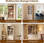 Vyre 71" Tall Farmhouse Bookshelves with Glass Doors and Drawers, Set of 2 – Large Modular Bookcase with Adjustable Shelves, Storage Cabinet for Living Room, Kitchen, Brown