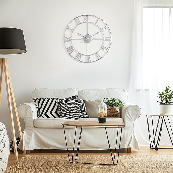 Large Wall Clock - 80cm/ 32 Inches, Silver, Non-Ticking, Battery Operated, Vintage Modern Wall Clock for Living Room, Bedroom, Office, Farmhouse Decor