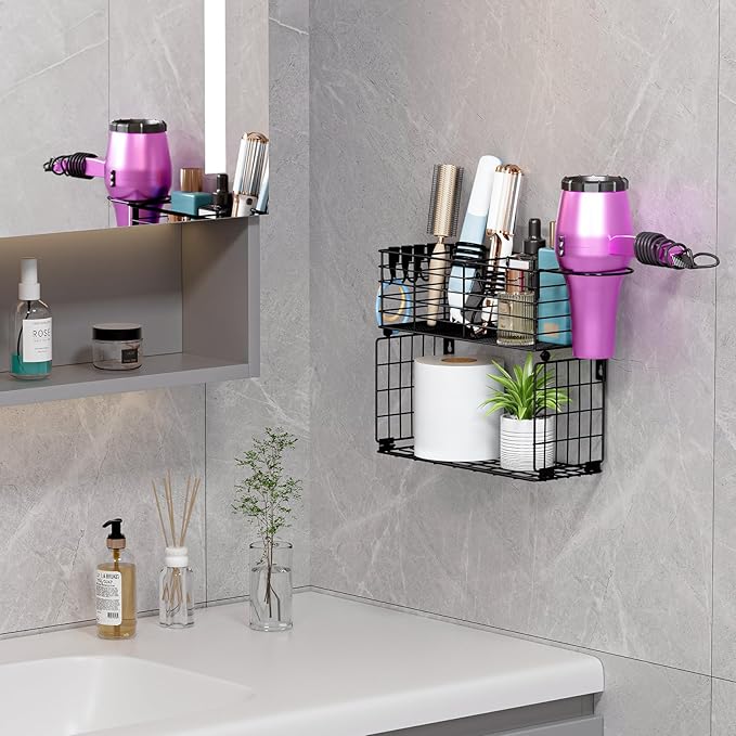 VITVITI Metal Hair Tool Organizer with Toilet Paper Basket, Bathroom Blow Dryer Curling Iron Holder Wall Mount, 2 Tiers Styling Tools Organizer for Straightener with Hooks, Black