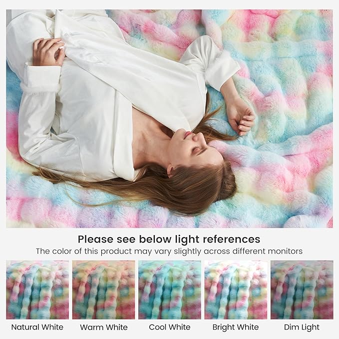 Cozy Bliss Faux Fur Throw Blanket for Couch, Fuzzy Soft Plush Thick Bubble Blanket for Sofa Bedroom Living Room, 60 * 80 Inches Tie-dye Rainbow