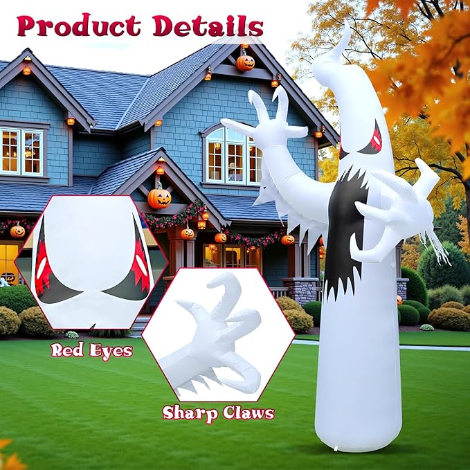 12FT Halloween Inflatables Giant White Ghost, Halloween Inflatable Outdoor Decoration, LED Colored Lights, Scary Red Eyes, Devil Claws, for Indoor and Outdoor Halloween Blow Ups Party Decorations