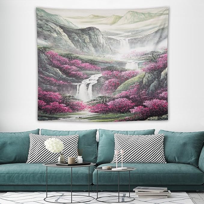 Japanese Tapestry, Red Plum Blossom Mountain Tapestry, Asian Japanese Wall Tapestry, Nature Landscape Tapestries for Bedroom Living Room Decor 60"x50"